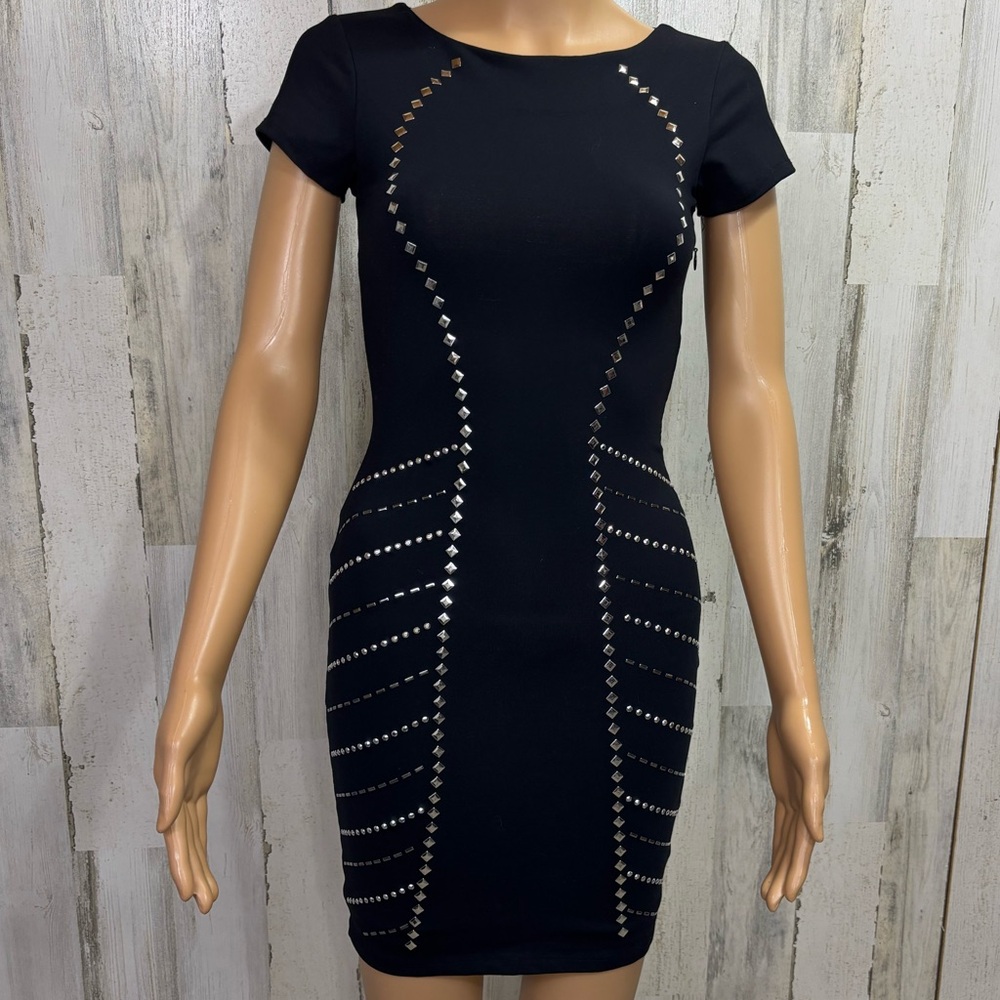 Bebe Silver Studded Black Bodycon Mini Dress